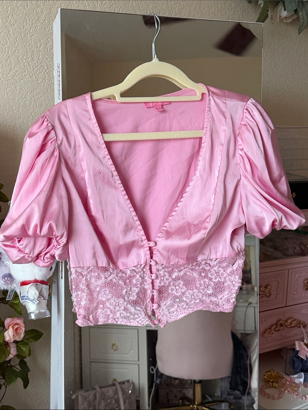 Sugar Thrillz Pink Lace Satin Crop Top